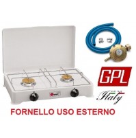 FORNELLO GAS GPL 2 FUOCHI GRIGLIA CROMATA SPARGIFIAMMA OTTONE e KIT REGOLATORE