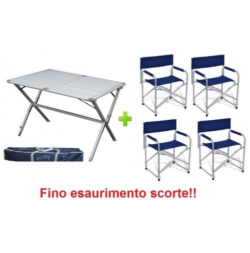 Tavolo tapparella campeggio Argo 110x70x72h alluminio + borsa + 4 sedie regista 